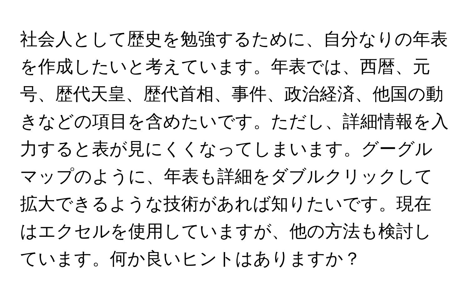 社会人として歴史を勉強するために、自分なりの年表を作成したいと考えています。年表では、西暦、元号、歴代天皇、歴代首相、事件、政治経済、他国の動きなどの項目を含めたいです。ただし、詳細情報を入力すると表が見にくくなってしまいます。グーグルマップのように、年表も詳細をダブルクリックして拡大できるような技術があれば知りたいです。現在はエクセルを使用していますが、他の方法も検討しています。何か良いヒントはありますか？