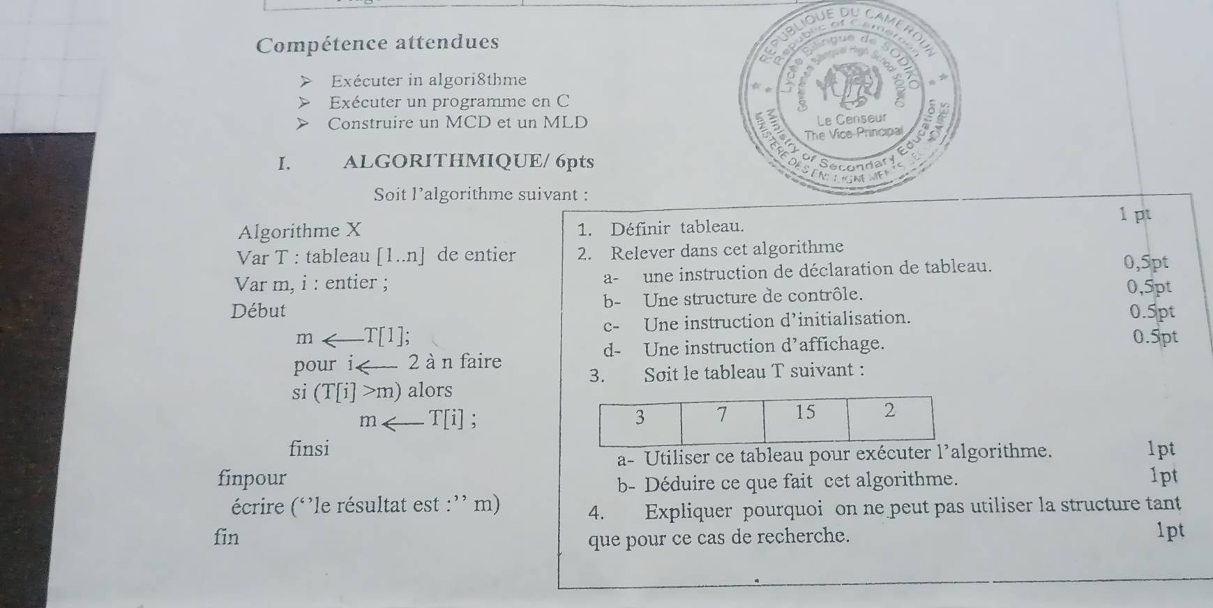 DU 
Compétence attendues 
Exécuter in algori8thme 
Exécuter un programme en C 
Construire un MCD et un MLD 
I. ALGORITHMIQUE/ 6pts 
Soit l’algorithme suivant : 
1 pt 
Algorithme X 1. Définir tableau. 
Var T : tableau [1..n] de entier 2. Relever dans cet algorithme 0,5pt
Var m, i : entier ; a- une instruction de déclaration de tableau. 
Début b- Une structure de contrôle.
0,5pt
c- Une instruction d’initialisation.
0.5pt
marrow T[1]; 0.5pt 
d- Une instruction d’affichage. 
pour i< 2 à n faire 
3. Soit le tableau T suivant :
si(T[i]>m) alors
marrow T[i]
finsi1pt 
a- Utiliser ce tableau pour exécuter l'algorithme. 
finpour 1pt 
b- Déduire ce que fait cet algorithme. 
écrire (‘’le résultat est :'' m) 
4. Expliquer pourquoi on ne peut pas utiliser la structure tant 
fin 1pt 
que pour ce cas de recherche.