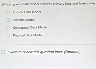 Solved: Which type of data model includes primary keys and foreign key ...