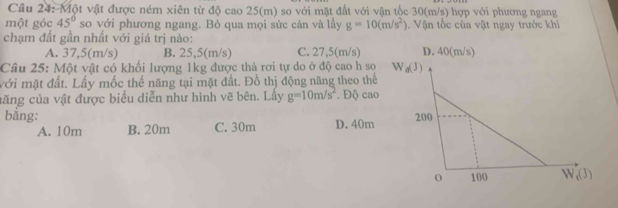 Một vật được ném xiên từ độ cao 25(m) so với mặt đất với vận tốc 30(m/s) hợp với phương ngang
một góc 45° so với phương ngang. Bỏ qua mọi sức cản và lấy g=10(m/s^2).  Vận tốc của vật ngay trước khi
chạm đất gần nhất với giá trị nào:
A. 37,5(m/s) B. 25,5(m/s) C. 27,5(m/s)
Câu 25: Một vật có khối lượng 1kg được thả rơi tự do ở độ cao h so
với mặt đất. Lấy mốc thế năng tại mặt đất. Đồ thị động năng theo thế
căng của vật được biểu diễn như hình vẽ bên. Lấy g=10m/s^2. Độ cao
bằng:
A. 10m B. 20m C. 30m D. 40m