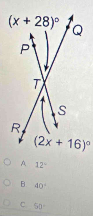 12°
B 40°
C 50°