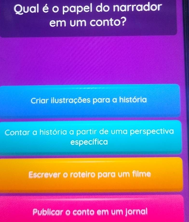 Qual é o papel do narrador
em um conto?
Criar ilustrações para a história
Contar a história a partir de uma perspectiva
específica
Escrever o roteiro para um filme
Publicar o conto em um jornal