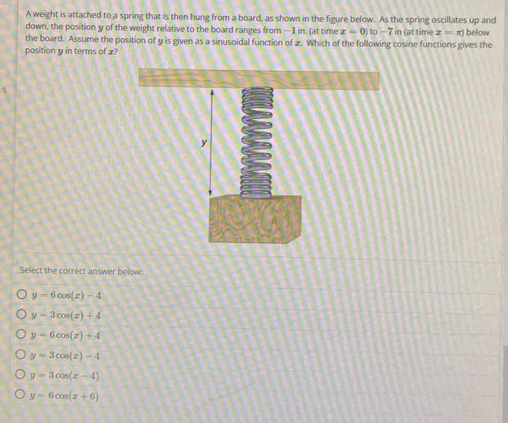 A weight is attached to a spring that is then hung from a board, as shown in the figure below. As the spring oscillates up and
down, the position y of the weight relative to the board ranges from —1 in. (at time x=0) to —7 in (at time x=π ) below
the board. Assume the position of y is given as a sinusoidal function of 2. Which of the following cosine functions gives the
position y in terms of x?
Select the correct answer below:
y=6cos (x)-4
y=3cos (x)+4
y=6cos (x)+4
y=3cos (x)-4
y=3cos (x-4)
y=6cos (x+6)