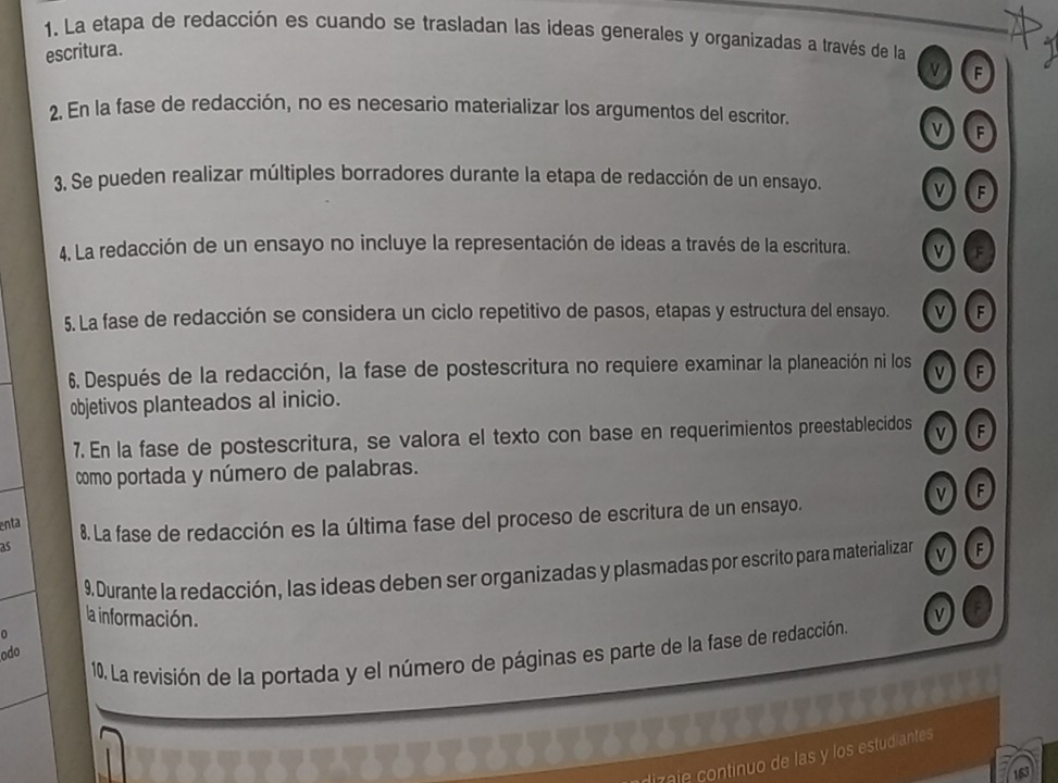 La etapa de redacción es cuando se trasladan las ideas generales y organizadas a través de la
escritura.
v F
2. En la fase de redacción, no es necesario materíalizar los argumentos del escritor.
v F
3. Se pueden realizar múltiples borradores durante la etapa de redacción de un ensayo. v F
4. La redacción de un ensayo no incluye la representación de ideas a través de la escritura. v F
5. La fase de redacción se considera un ciclo repetitivo de pasos, etapas y estructura del ensayo. v F
6. Después de la redacción, la fase de postescritura no requiere examinar la planeación ni los F
objetivos planteados al inicio.
7. En la fase de postescritura, se valora el texto con base en requerimientos preestablecidos F
como portada y número de palabras.
v F
enta
as 8. La fase de redacción es la última fase del proceso de escritura de un ensayo.
9. Durante la redacción, las ideas deben ser organizadas y plasmadas por escrito para materializar v F
la información.
V
0
odo
10. La revisión de la portada y el número de páginas es parte de la fase de redacción.
cotinuo de las y los estudiantes