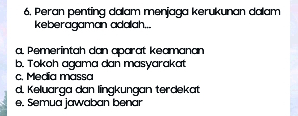 Peran penting dalam menjaga kerukunan dalam
keberagaman adalah...
a. Pemerintah dan aparat keamanan
b. Tokoh agama dan masyarakat
c. Media massa
d. Keluarga dan lingkungan terdekat
e. Semua jawaban benar