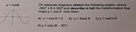 y=cos θ On separate diagrams sketch the following graphs, where
-360°≤ θ ≤ 360° and describe in full the transformation that 
maps y=cos θ onto them: 
a) y=cos θ +2 b) y=3cos θ c) y=cos 1/2θ
d) y=cos (θ -30°)