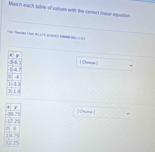 Match each table of values with the correct linear equation. 
For Teacher Use: A1.LFE.8.DOK2.430000.M3.L1.Q.1 
[ Choose ] 
[ Choose ]