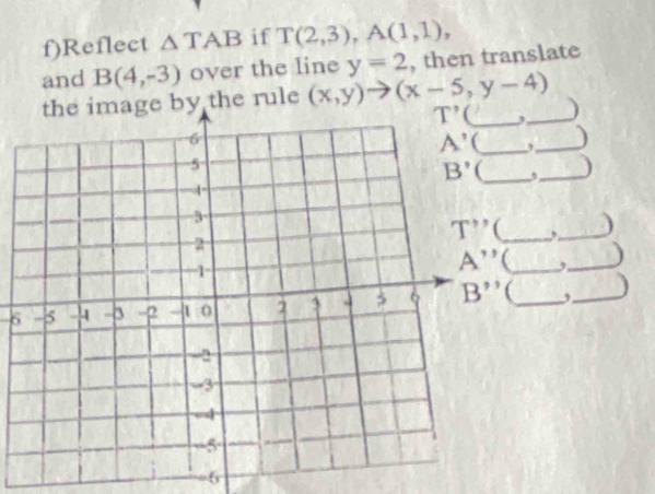 Reflect △ TAB if T(2,3),A(1,1),
and B(4,-3) over the line y=2 , then translate
the image by the rule (x,y)to (x-5,y-4) _ )
(_,
_)
5_ )
,_ )
U_ _)
6 _,_ )
-6