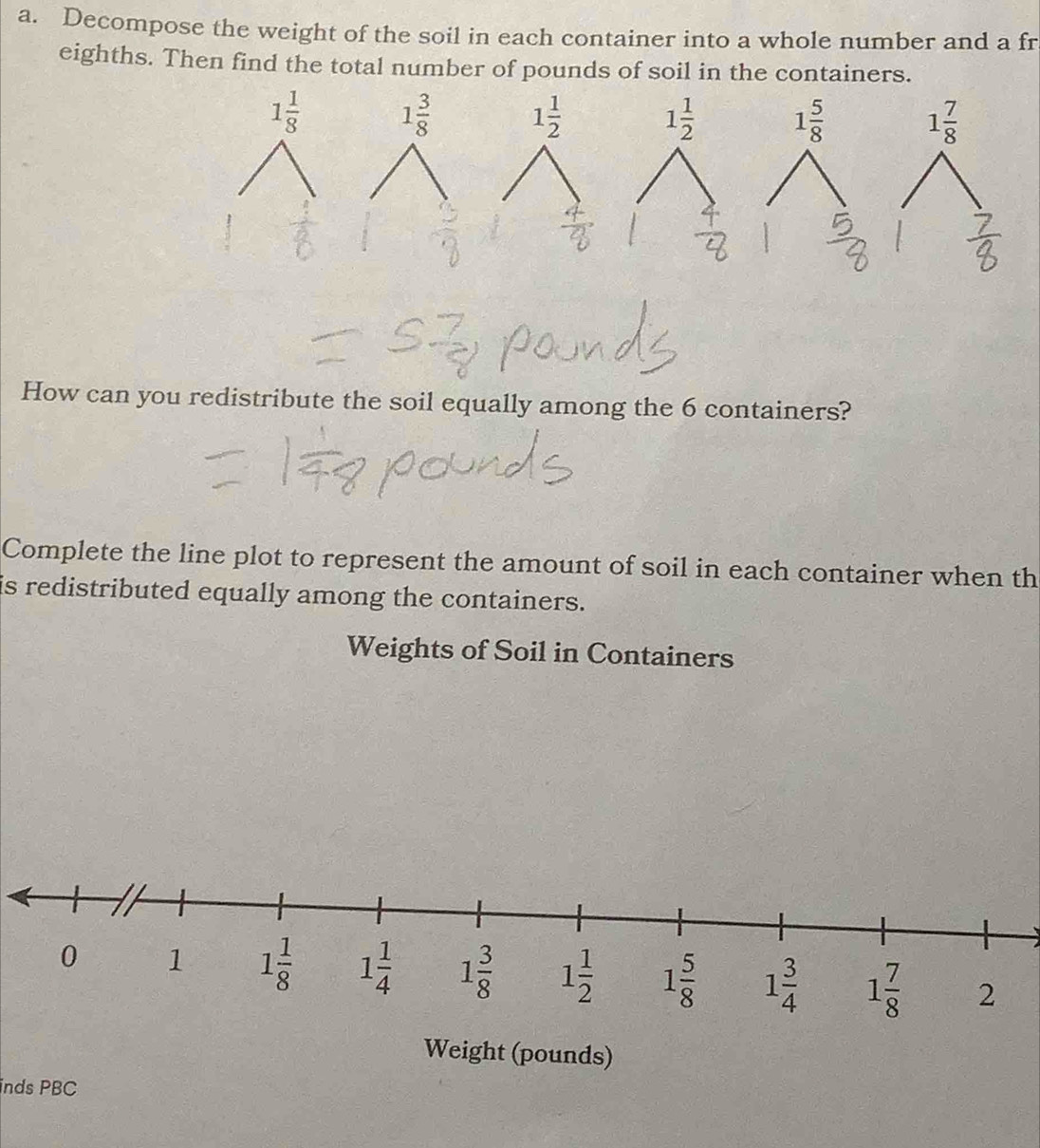 Decompose the weight of the soil in each container into a whole number and a fr
eighths. Then find the total number of pounds of soil in the containers.
How can you redistribute the soil equally among the 6 containers?
Complete the line plot to represent the amount of soil in each container when th
is redistributed equally among the containers.
Weights of Soil in Containers
0 1 1 1/8  1 1/4  1 3/8  1 1/2  1 5/8  1 3/4  1 7/8  2
Weight (pounds)
inds PBC