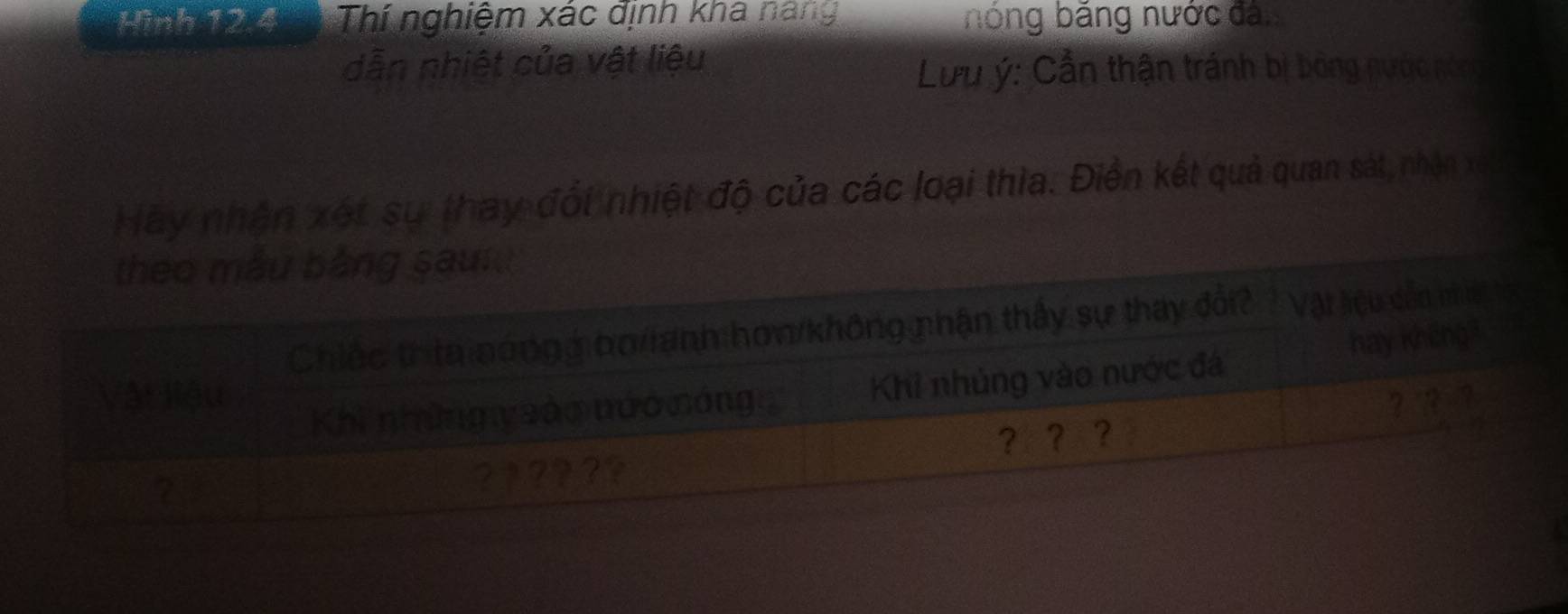 Hình 12.4 Thí nghiệm xác định kha nang nóng băng nước đá, 
dẫn nhiệt của vật liệu 
Lưu ý : Cần thận tránh bị bóng nước sóng 
Hay nhận xét sự thay đối nhiệt độ của các loại thìa. Điễn kết quả quan sát, nhận x