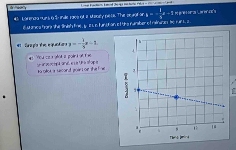 Ready Linear Functions: Rate of Change and Initial Value = instruction = Level H
4 Lorenzo runs a 2-mile race at a steady pace. The equation y=- 1/8 x+2 represents Lorenzo's
distance from the finish line, y, as a function of the number of minutes he runs, x.
4ù Graph the equation y=- 1/8 x+2. 
You can plot a point at the
y-intercept and use the slope
to plot a second point on the line. 
.