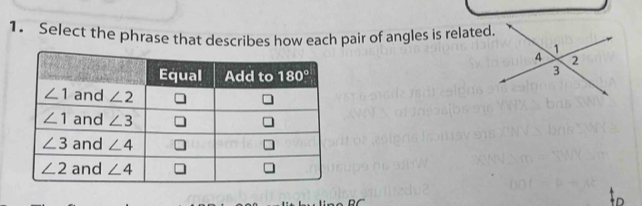 Select the phrase that describes how each pair of angles is related