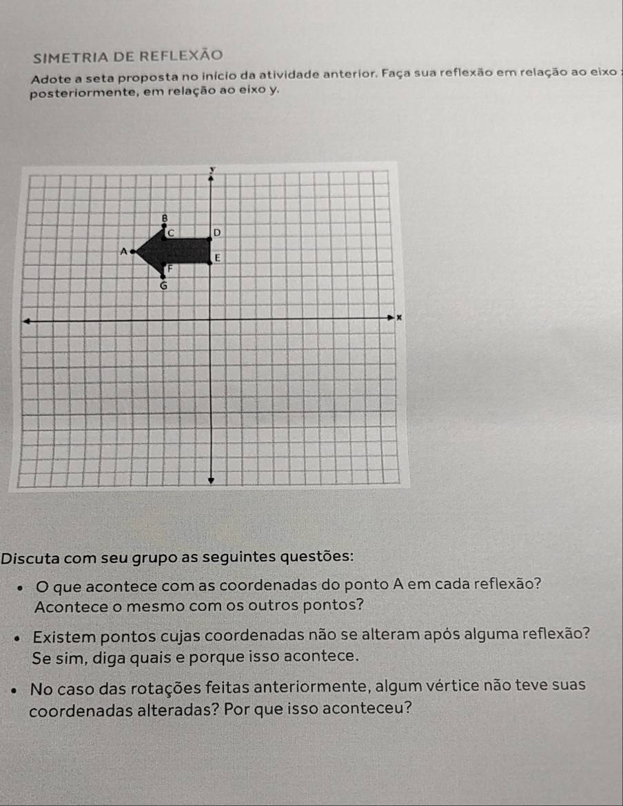 Simetria de reflexão 
Adote a seta proposta no início da atividade anterior. Faça sua reflexão em relação ao eixo : 
posteriormente, em relação ao eixo y. 
Discuta com seu grupo as seguintes questões: 
O que acontece com as coordenadas do ponto A em cada reflexão? 
Acontece o mesmo com os outros pontos? 
Existem pontos cujas coordenadas não se alteram após alguma reflexão? 
Se sim, diga quais e porque isso acontece. 
No caso das rotações feitas anteriormente, algum vértice não teve suas 
coordenadas alteradas? Por que isso aconteceu?