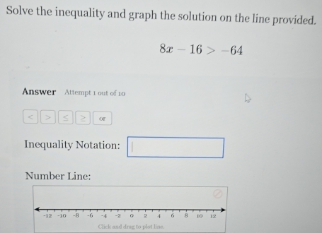 Solve the inequality and graph the solution on the line provided.
8x-16>-64
Answer Attempt 1 out of 10
< > or 
Inequality Notation: _  □  
Number Line: 
Click and drag to plot line.