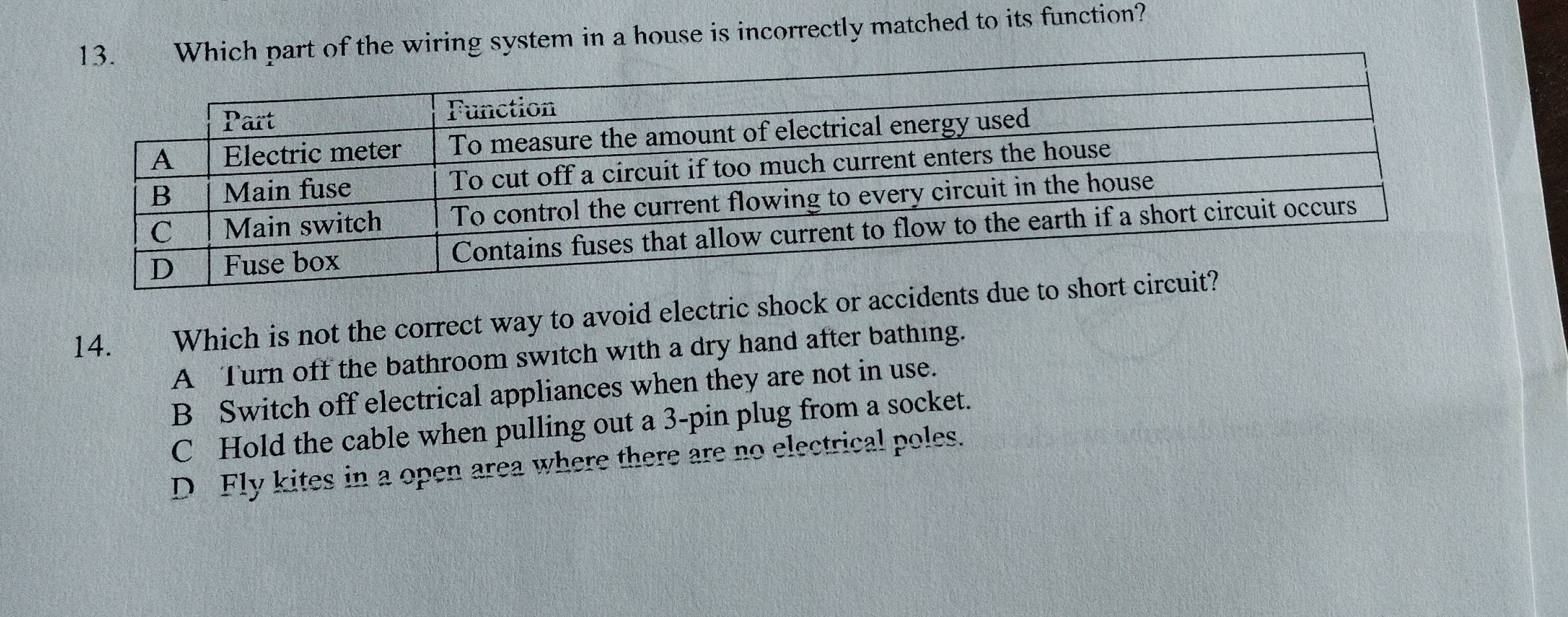 of the wiring system in a house is incorrectly matched to its function?
14. €£ Which is not the correct way to avoid electric shock or acci
A Turn off the bathroom switch with a dry hand after bathing.
B Switch off electrical appliances when they are not in use.
C Hold the cable when pulling out a 3 -pin plug from a socket.
D Fly kites in a open area where there are no electrical poles.