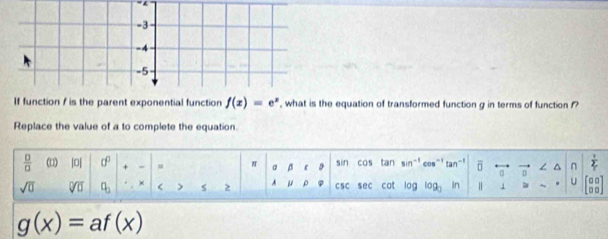 If function / is the parent exponential function f(x)=e^x , what is the equation of transformed function g in terms of function f?
Replace the value of a to complete the equation.
 □ /□   () |0| d^0 + = π , D cos tan sin^(-1) cos^(-1) tan^(-1) overline □  。 ^ n frac 1_1_T 
sin
sqrt(0) sqrt[□](□ ) q_0 × < > s 2 A μ ρ csc sec cat log log _3 in | 1 u □ □
g(x)=af(x)