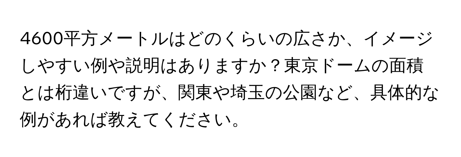 4600平方メートルはどのくらいの広さか、イメージしやすい例や説明はありますか？東京ドームの面積とは桁違いですが、関東や埼玉の公園など、具体的な例があれば教えてください。