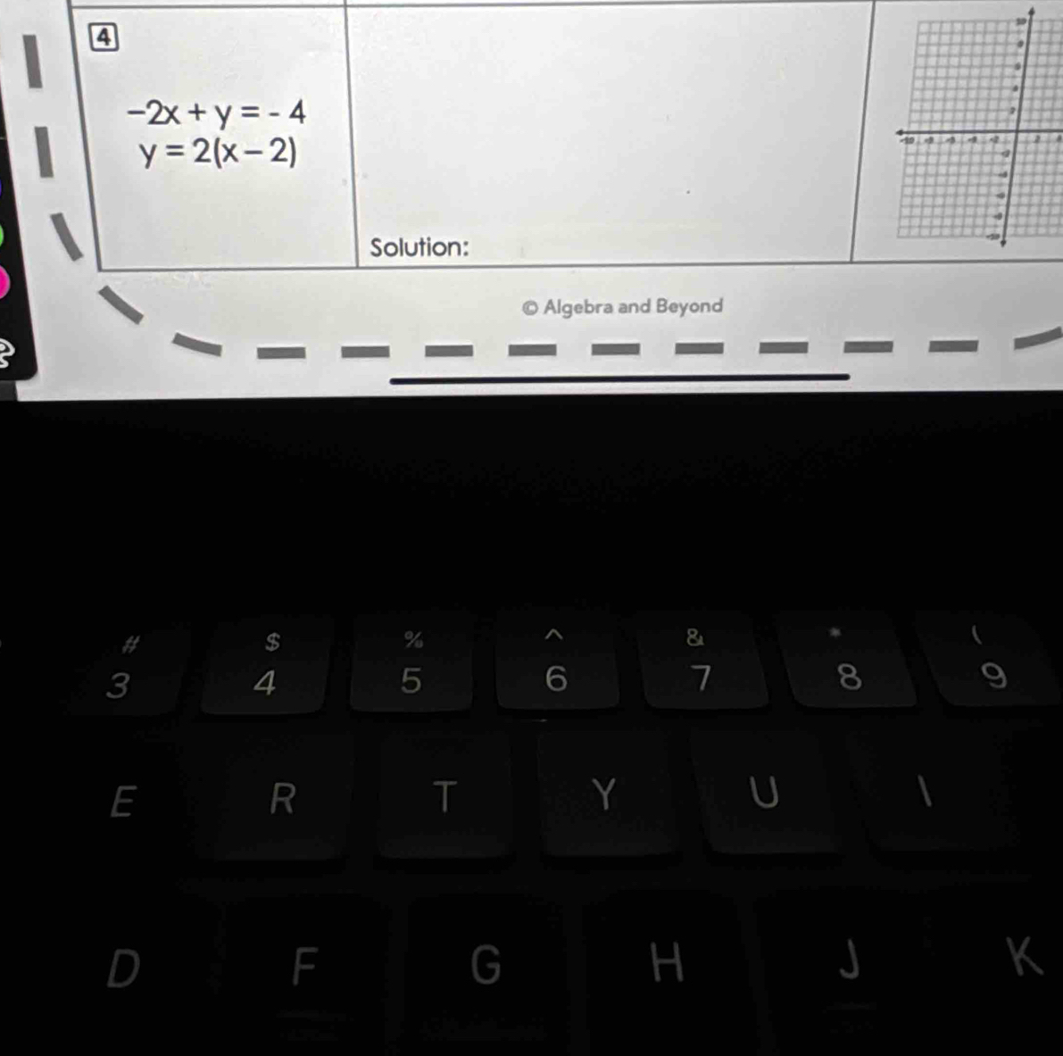 4
-2x+y=-4
y=2(x-2)
Solution:
© Algebra and Beyond
#
$
%
^
&
*
3
4
5
6
7
8
9
E
R
T
Y
U

D
F
G
H
J
K