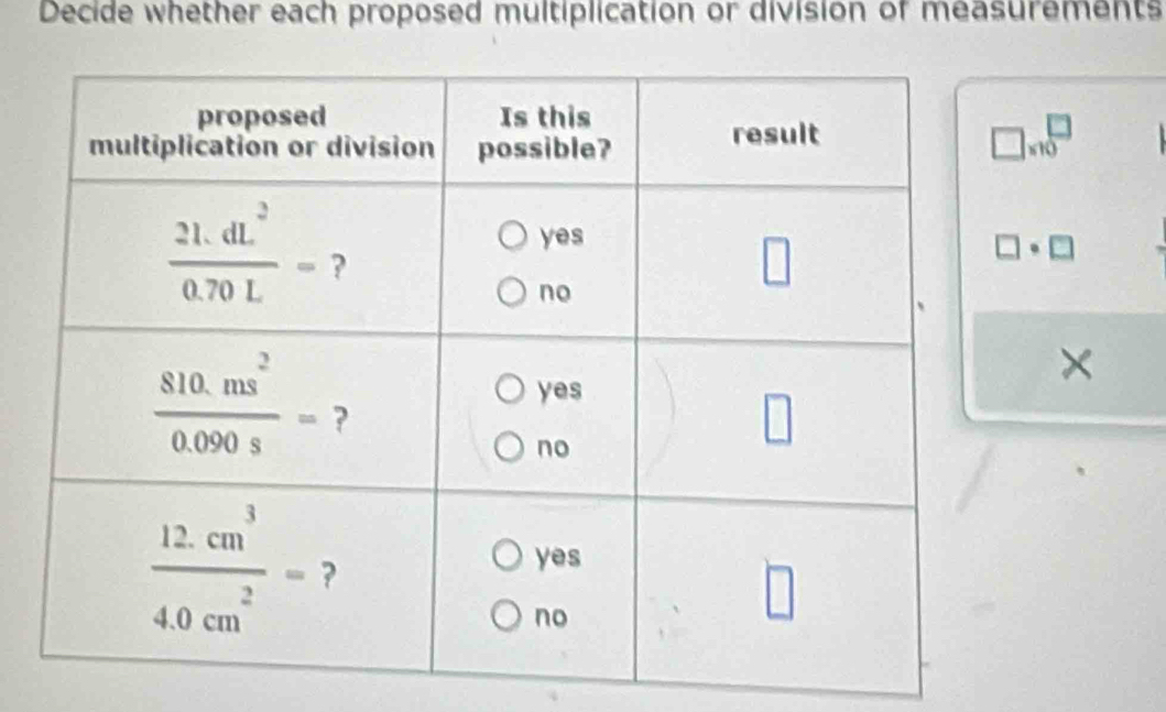 Decide whether each proposed multiplication or division of measurements
□ * 10^□
□ · □
×