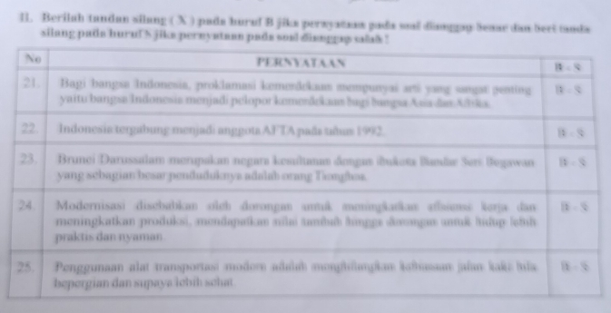 Berilah tandan silang ( X ) pada hurul B jika perayataas pada snl danggay beaae dan bect tands
silang pads hurul s jike pernyntann pads soal