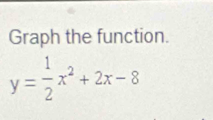 Graph the function.
y= 1/2 x^2+2x-8