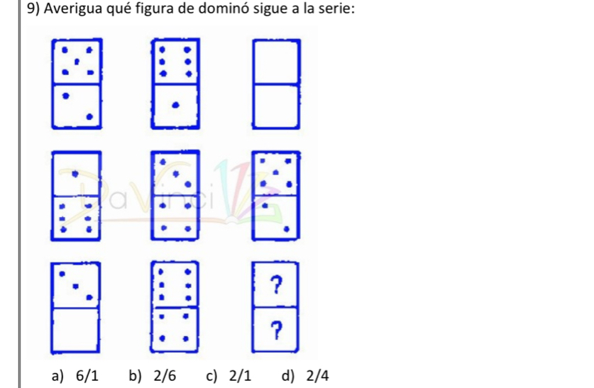 Averigua qué figura de dominó sigue a la serie:
a) 6/1 b 2/6 c) 2/1 d) 2/4