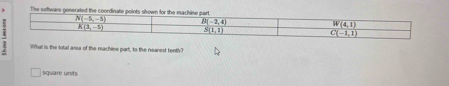 The software generated the coordinate 
What is the total area of the machine part, to the nearest tenth?
square units