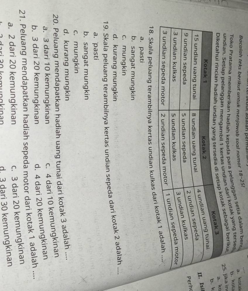 ersebut adalah permaina
Bacalah teks berikut untuk menjawab soal nomor 18-25!
Toko Pratama memberikan hadiah kepada para pelanggan setia dalam bent a. kotak
undian dari kotak yang tersedi b. kota
ebagai berikut
. Jika in
o
k
il
ho
18. Şkala peluang terambilnya kertas undian kulkas
a. pasti
b. sangat mungkin
c. mungkin
d. kurang mungkin
19. Skala peluang terambilnya kertas undian sepeda dari kotak 2 adalah ....
a. pasti
b. sangat mungkin
c. mungkin
d. kurang mungkin
20. Peluang mendapatkan hadiah uang tunai dari kotak 3 adalah ....
a. 3 dari 10 kemungkinan
c. 4 dari 10 kemungkinan
b. 3 dari 20 kemungkinan
d. 4 dari 20 kemungkinan
21. Peluang mendapatkan hadiah sepeda motor dari kotak 1 adalah ....
a. 2 dari 20 kemungkinan
c. 3 dari 20 kemungkinan
ri r 0 k em u n g k inan
d 3 dari 30 kemungkinan