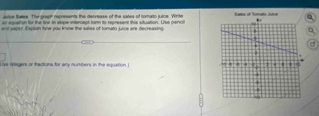 Juice Sales The graph represents the decrease of the sales of tomato juice. Write 
an equation for the linr in slope intercept form to represent this situation. Use pencil 
and paper. Explain how you know the sales of tomato juice are decreasing. 
a 
Uise integers or fractions for any numbers in the equation.)