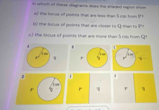 in which of these diagrams does the shaded region show
a) the locus of points that are less than 5 cm from P?
b) the locus of points that are closer to Q than to P?
c) the locus of points that are more than 5 cm from Q?
A
B
5 cm  5 cm
P *Q  pé *Q
D
E
F
5 cm
P^(·) Q P^(·) "Q P^(·) ·Q