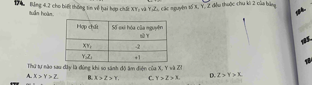 Bảng 4.2 cho biết thông tin về hai hợp chất XY_2 và Y_2Z_2 2, các nguyên tố X, Y, Z đều thuộc chu kì 2 của bảng
tuần hoàn.
184.
185.
18
Thứ tự nào sau đây là đúng khi so sánh độ âm điện của X, Y và Z?
A. X>Y>Z. B. X>Z>Y. C. Y>Z>X. D. Z>Y>X.