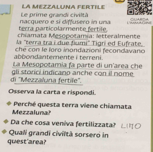 LA MEZZALUNA FERTILE 
Le prime grandi civiltà 
nacquero e si diffusero in una L'IMMAGINE GUARDA 
terra particolarmente fertile, 
chiamata Mesopotamia: letteralmente 
la “terra tra i due fiumi” Tigri ed Eufrate, 
che con le loro inondazioni fecondavano 
abbondantemente i terreni. 
La Mesopotamia fa parte di un'area che 
gli storici indicano anche con il nome 
di “Mezzaluna fertile”. 
Osserva la carta e rispondi. 
Perché questa terra viene chiamata 
Mezzaluna? 
Da che cosa veniva fertilizzata? 
Quali grandi civiltà sorsero in 
quest'area?