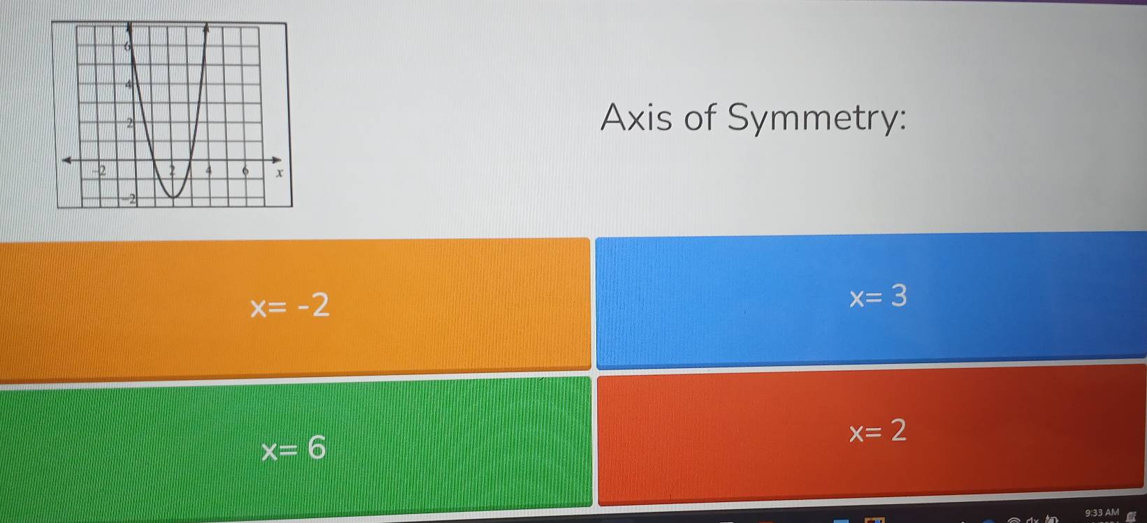 Axis of Symmetry:
x=-2
x=3
x=2
x=6