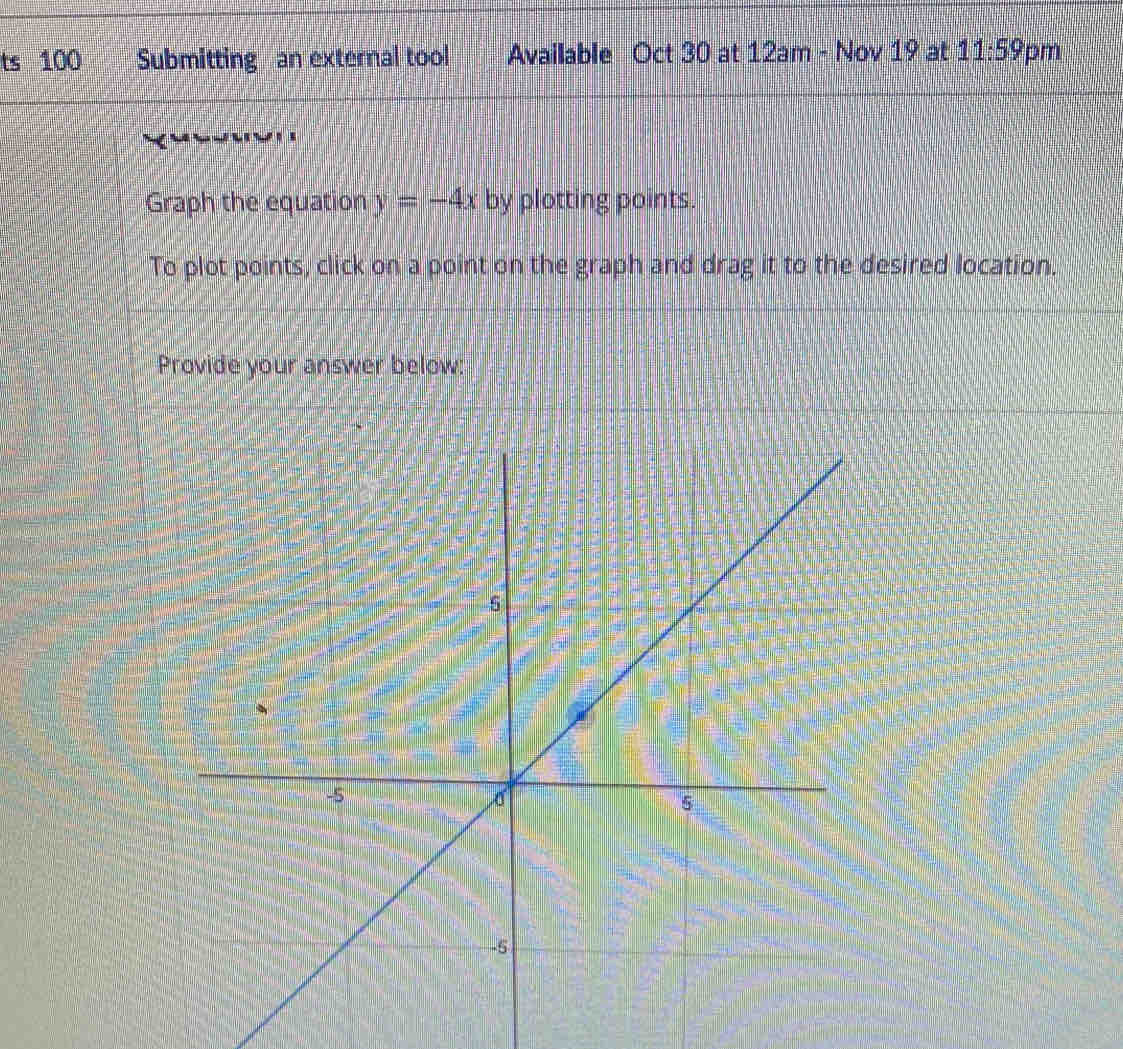 ts 100 Submitting an external tool Available Oct 30 at 12am - Nov 19 at 11:59 pm 
Graph the equation y=-4x by plotting points. 
To plot points, click on a point on the graph and drag it to the desired location. 
Provide your answer below: