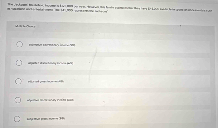 The Jacksons' household income is $123,000 per year. However, this family estimates that they have $45,000 available to spend on nonessentials such
as vacations and entertainment. The $45,000 represents the Jacksons'
Multiple Choice
subjective discretionary income (SDI).
adjusted discretionary income (ADI).
adjusted gross income (AGI).
objective discretionary income (ODI).
subjective gross income (SGI).