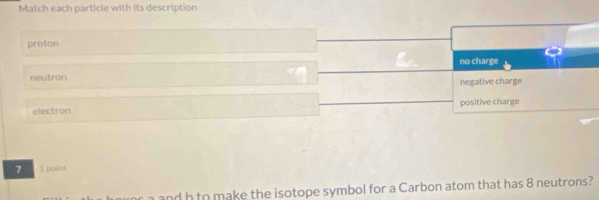 Match each particle with its description
proton
no charge
neutron
negative charge
electron positive charge
7 1 point
and h to make the isotope symbol for a Carbon atom that has 8 neutrons?