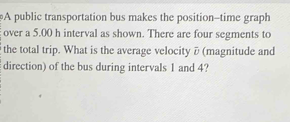 A public transportation bus makes the position-time graph 
over a 5.00 h interval as shown. There are four segments to 
the total trip. What is the average velocity ū (magnitude and 
direction) of the bus during intervals 1 and 4?