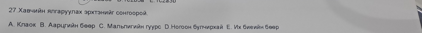 27.Χавчийн ялгаруулах эрхтэнийг сонгоорой.
A. Κлаок В. Аарцгийн бθθр С. Мальлигийн гуурс D.Ногоон булчирхай Е. Их биеийн бθθр