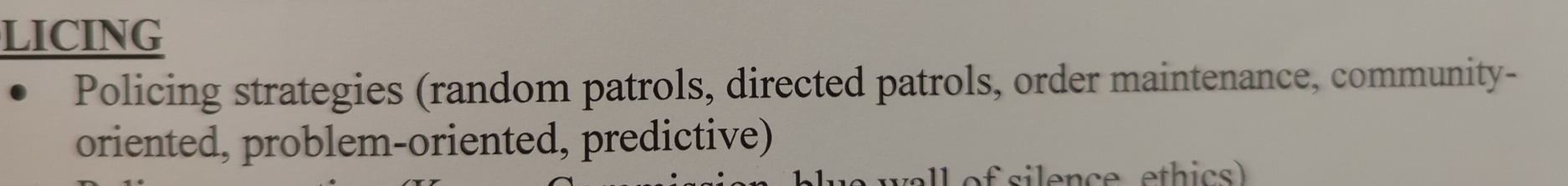 LICING 
Policing strategies (random patrols, directed patrols, order maintenance, community- 
oriented, problem-oriented, predictive) 
nce e h ic