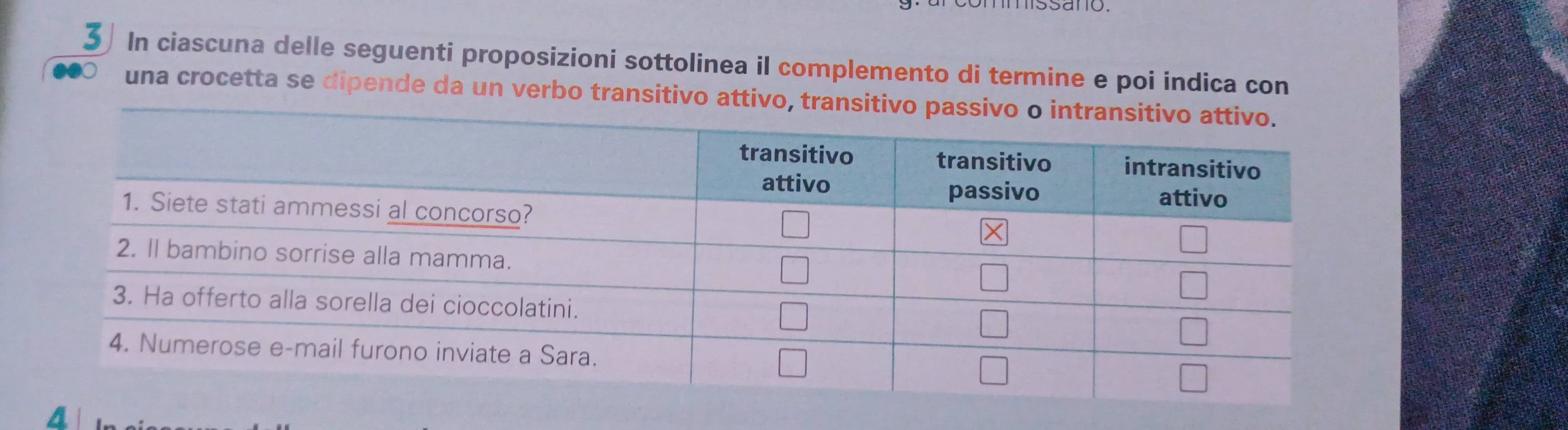 In ciascuna delle seguenti proposizioni sottolinea il complemento di termine e poi indica con 
una crocetta se dipende da un verbo transitivo attivo, tra 
4