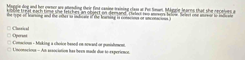 Maggie dog and her owner are attending their first canine training class at Pet Smart. Mággie learns that she receives a
kibble treat each time she fetches an object on demand. (Select two answers below. Select one answer to indicate
the type of learning and the other to indicate if the learning is conscious or unconscious.)
Classical
Operant
Conscious - Making a choice based on reward or punishment.
Unconscious - An association has been made due to experience.