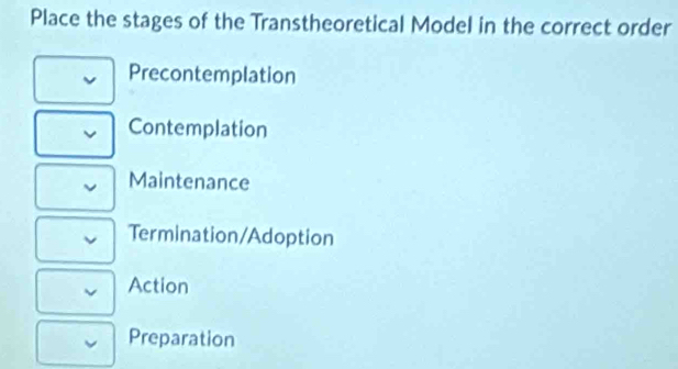 Solved: Place the stages of the Transtheoretical Model in the correct ...