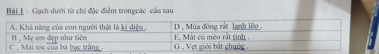 Gạch dưới từ chỉ đặc điểm trongcác câu sau