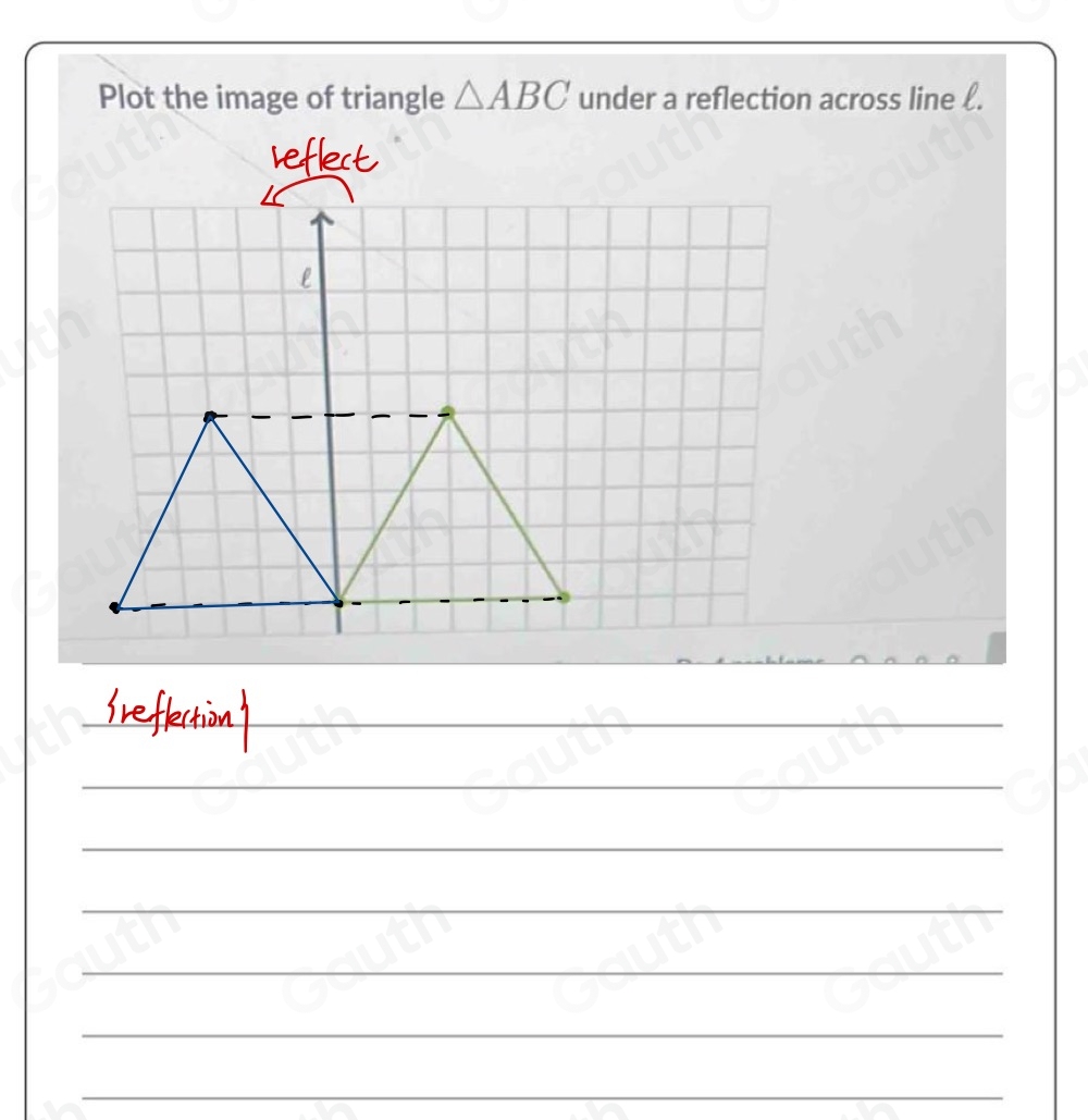 Plot the image of triangle △ ABC under a reflection across line ℓ.