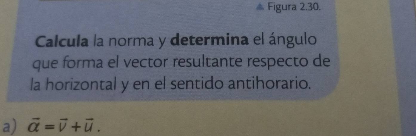 Figura 2.30. 
Calcula la norma y determina el ángulo 
que forma el vector resultante respecto de 
la horizontal y en el sentido antihorario. 
a) vector a=vector v+vector u.