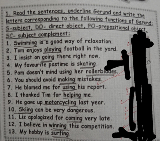 تم الحل:Read the sentences, underline Gerund and write the letters ...