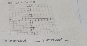 2 2x+3y=6
x-intercept: _, y-intercept:_