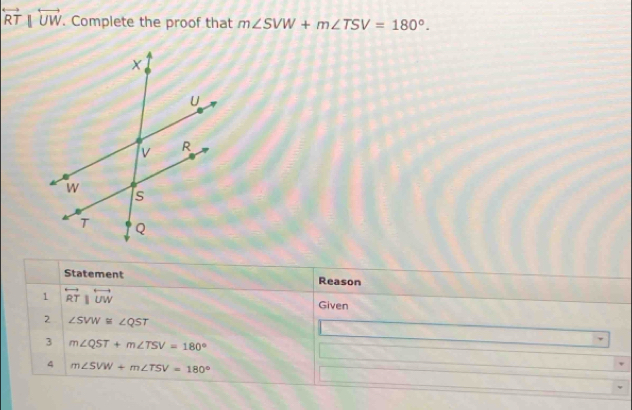 overleftrightarrow RTparallel overleftrightarrow UW. Complete the proof that m∠ SVW+m∠ TSV=180°. 
Statement Reason 
1 overleftrightarrow RTparallel overleftrightarrow UW
Given 
2 ∠ SVW≌ ∠ QST
3 m∠ QST+m∠ TSV=180°
4 m∠ SVW+m∠ TSV=180°