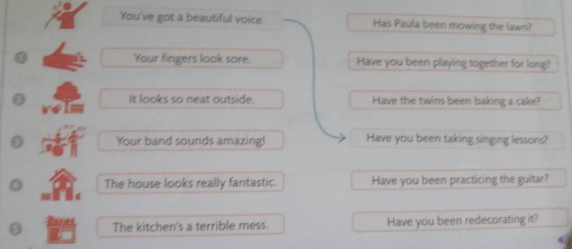 You've got a beautiful voice. Has Paula been mowing the lawn? 
Your fingers look sore. Have you been playing together for long? 
It looks so neat outside. Have the twins been baking a cake? 
Your band sounds amazing! Have you been taking singing lessons? 
The house looks really fantastic. Have you been practicing the guitar? 
The kitchen's a terrible mess. Have you been redecorating it?