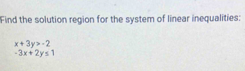 Find the solution region for the system of linear inequalities:
x+3y>-2
-3x+2y≤ 1